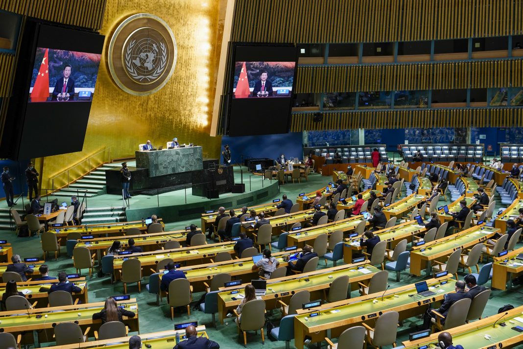 A UN video features a dinosaur speaking in the UN General Assembly hall to warn of global warming. (AP PHOTO)