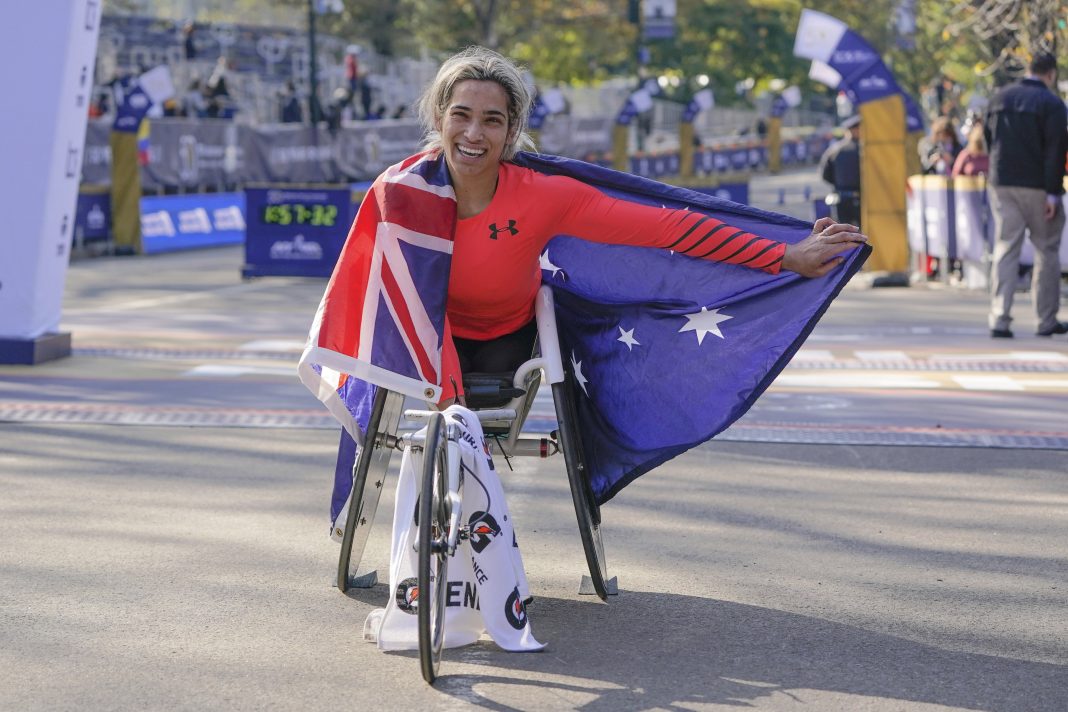 Madison de Rozario of Australia has won the women's wheelchair event in the New York City Marathon. (AP PHOTO)